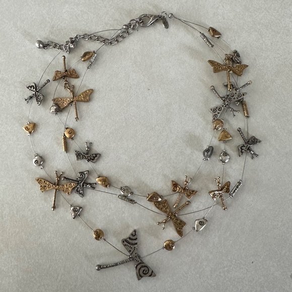 Chico's Jewelry - Chico's signed two tone gold silver 3 triple strand dragonfly necklace